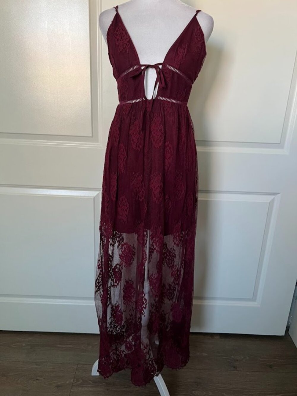 Forever 21 Burgundy Mesh Lace Layered Mini Boho Maxi Dress Size XS